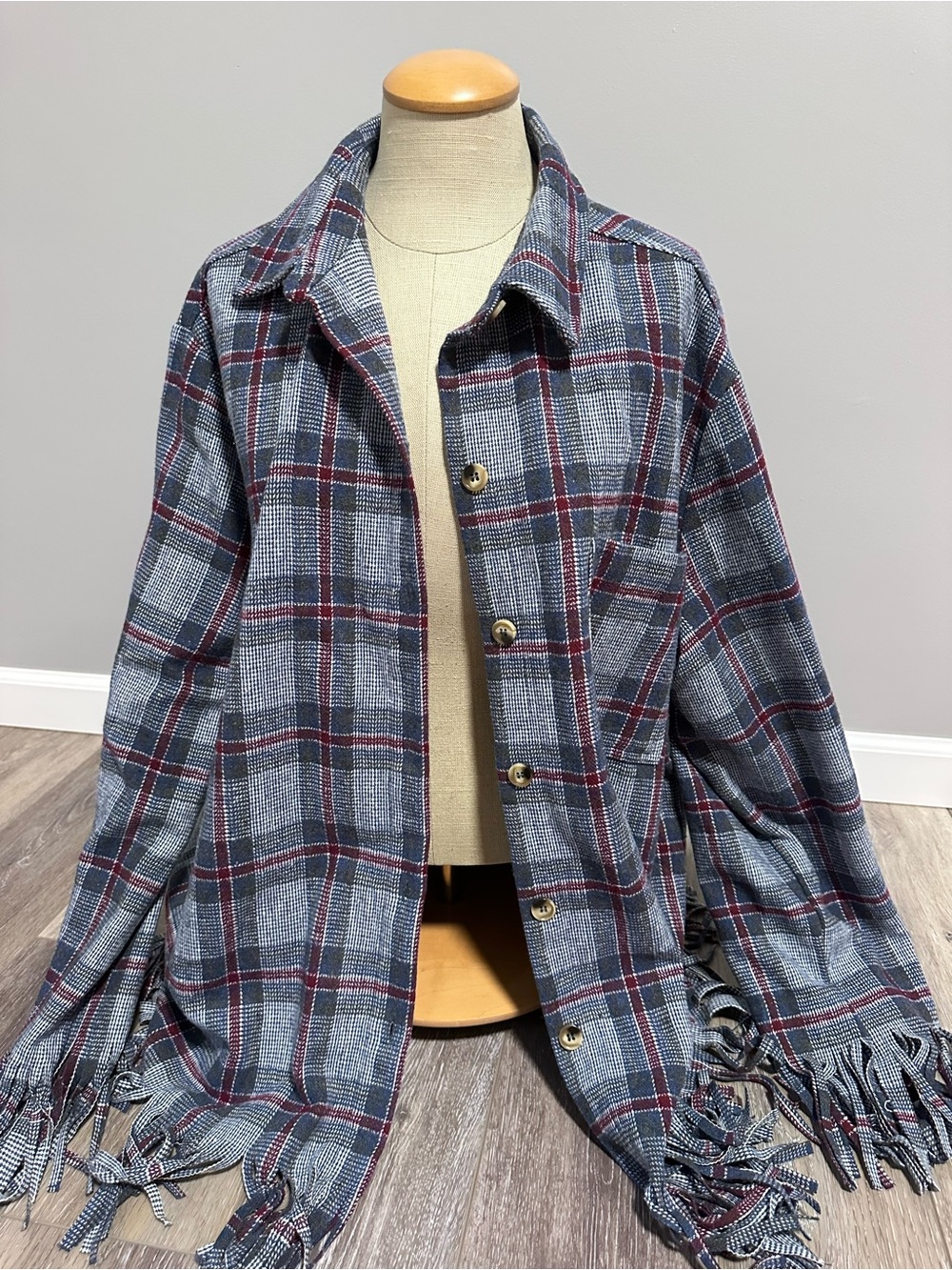 Lightweight Blue Plaid Shirt Jacket with Fringe
